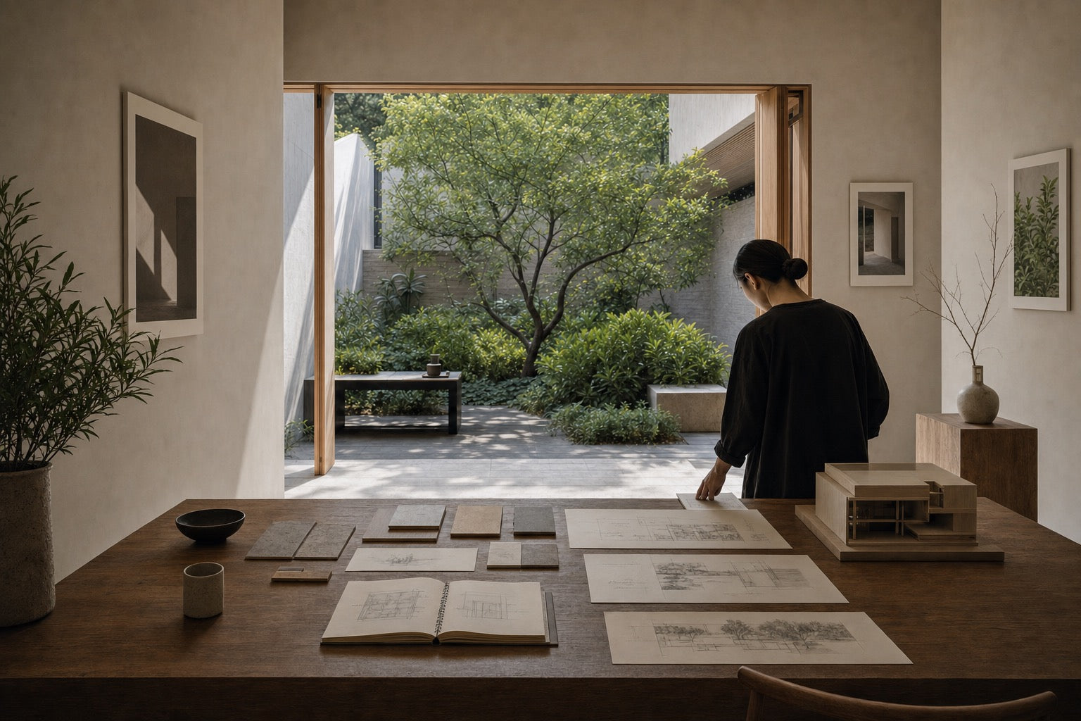 A person in a black outfit stands at a wooden table in a minimalist room, looking out through an open doorway into a serene garden courtyard. Papers, books, and small objects are arranged on the table, with framed wall art and a vase visible in the room.